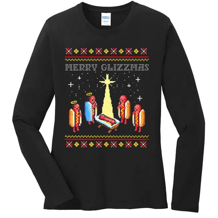 Merry Glizzmas Tacky Funny Merry Christmas Hot Dogs Holiday Ladies Long Sleeve Shirt