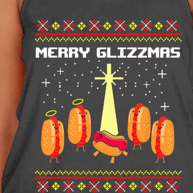 Merry Glizzmas Tacky Funny Merry Christmas Hot Dogs Holidays Women's Knotted Racerback Tank