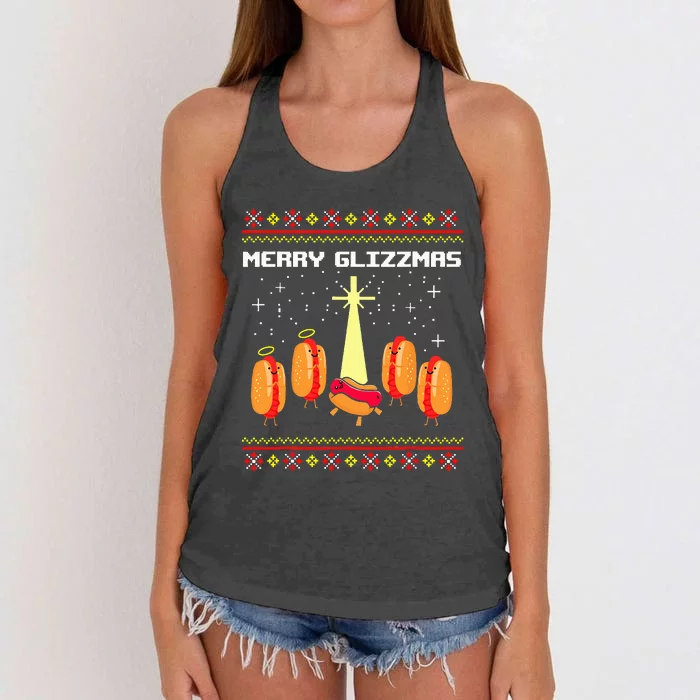 Merry Glizzmas Tacky Funny Merry Christmas Hot Dogs Holidays Women's Knotted Racerback Tank