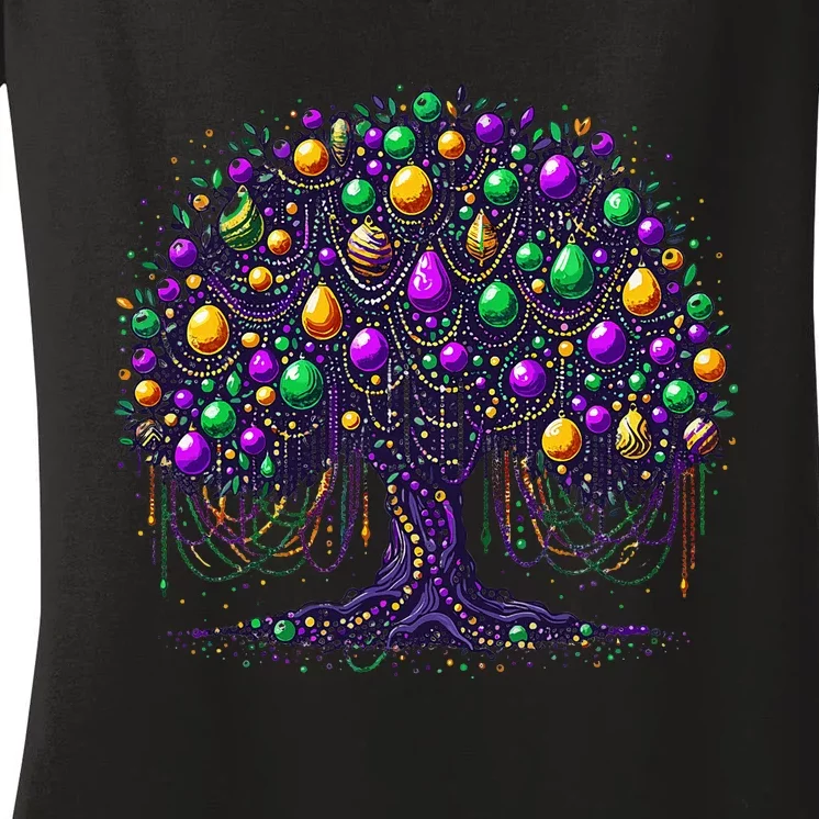 Mardi Gras Tree Beads New Orleans 2024 Festival Bead Tree Women's V-Neck T-Shirt