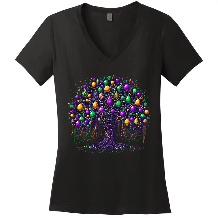 Mardi Gras Tree Beads New Orleans 2024 Festival Bead Tree Women's V-Neck T-Shirt