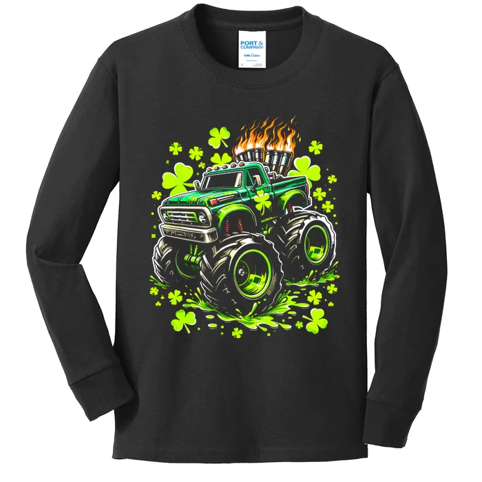 Monster Green Truck Shamrock St Paddys Day Kids Long Sleeve Shirt