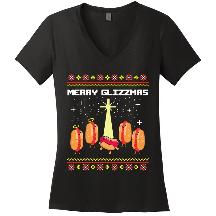 Merry Glizzmas Tacky Funny Merry Christmas Hot Dogs Women's V-Neck T-Shirt