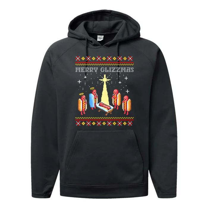 Merry Glizzmas Tacky Funny Merry Christmas Hot Dogs Performance Fleece Hoodie