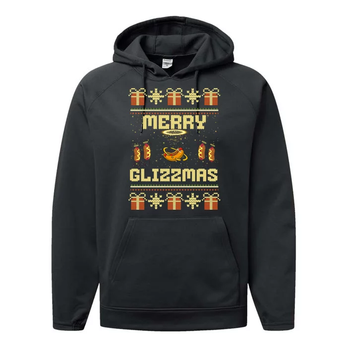 Merry Glizzmas Tacky Funny Merry Christmas Hot Dogs Performance Fleece Hoodie