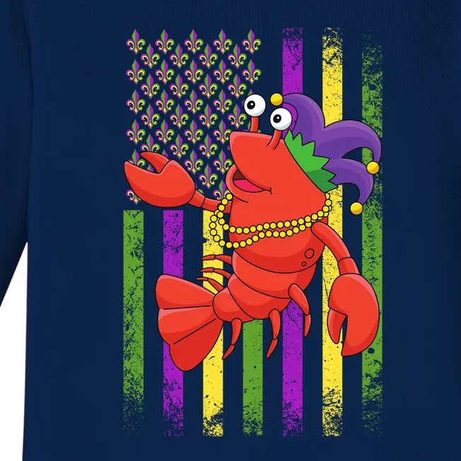 Mardi Gras Us American Flag With Crawfish New Orleans Baby Long Sleeve Bodysuit