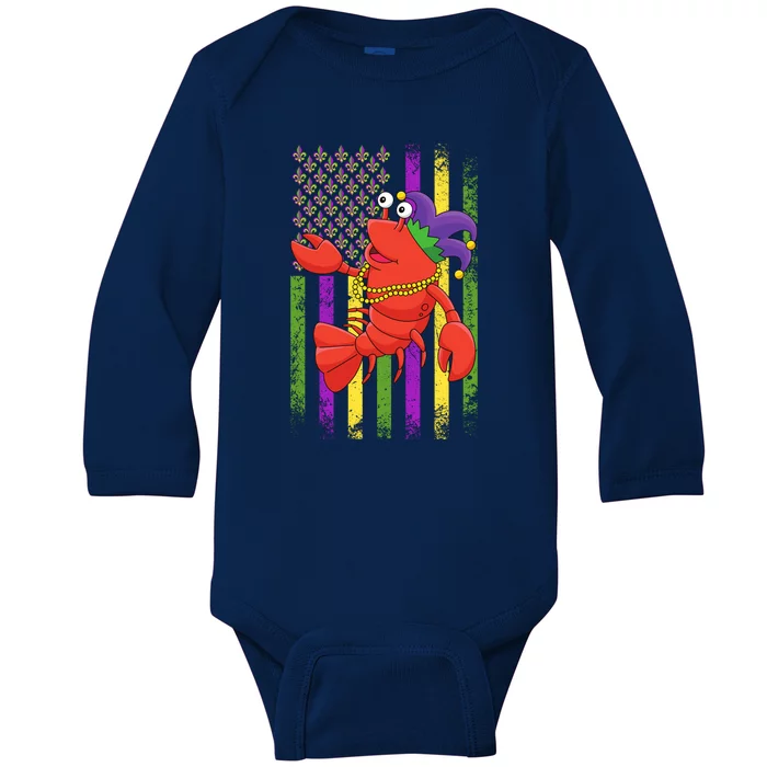 Mardi Gras Us American Flag With Crawfish New Orleans Baby Long Sleeve Bodysuit