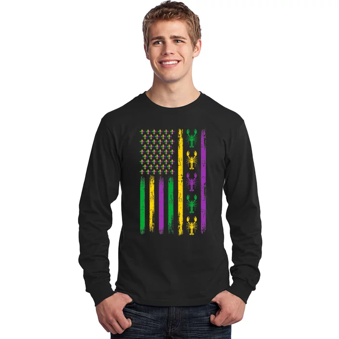 Mardi Gras Us American Flag With Crawfish New Orleans Long Sleeve Shirt