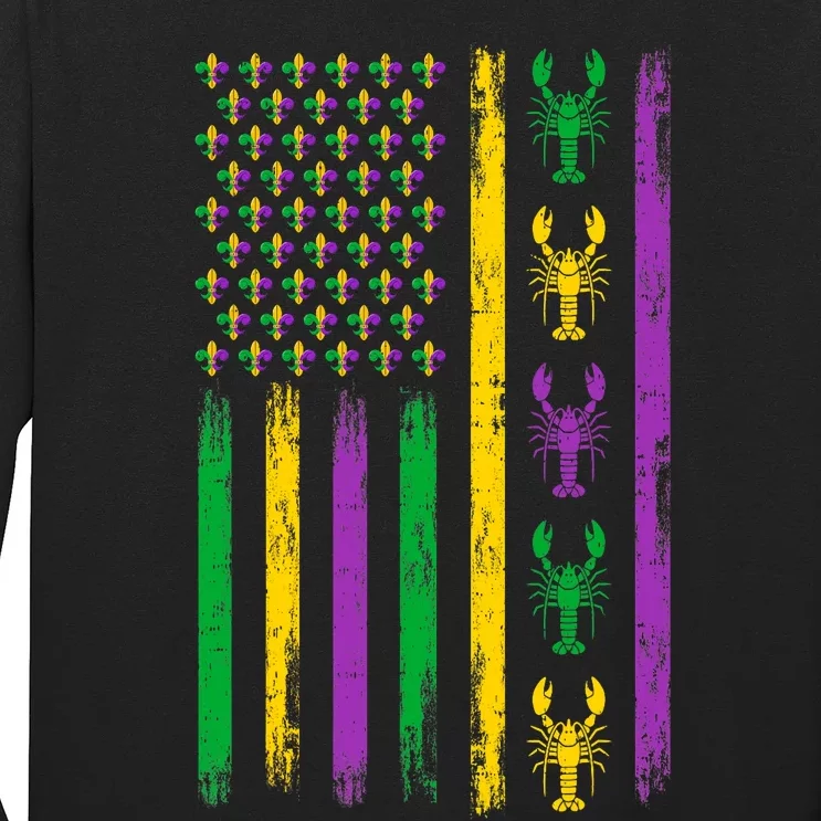 Mardi Gras Us American Flag With Crawfish New Orleans Long Sleeve Shirt