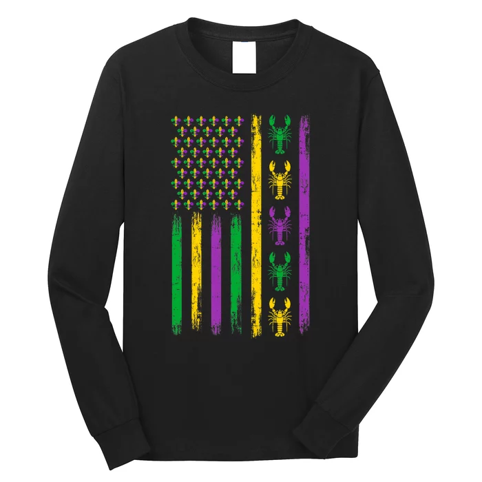 Mardi Gras Us American Flag With Crawfish New Orleans Long Sleeve Shirt