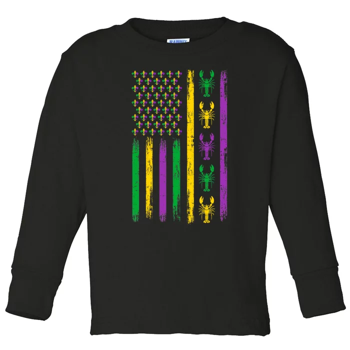 Mardi Gras Us American Flag With Crawfish New Orleans Toddler Long Sleeve Shirt