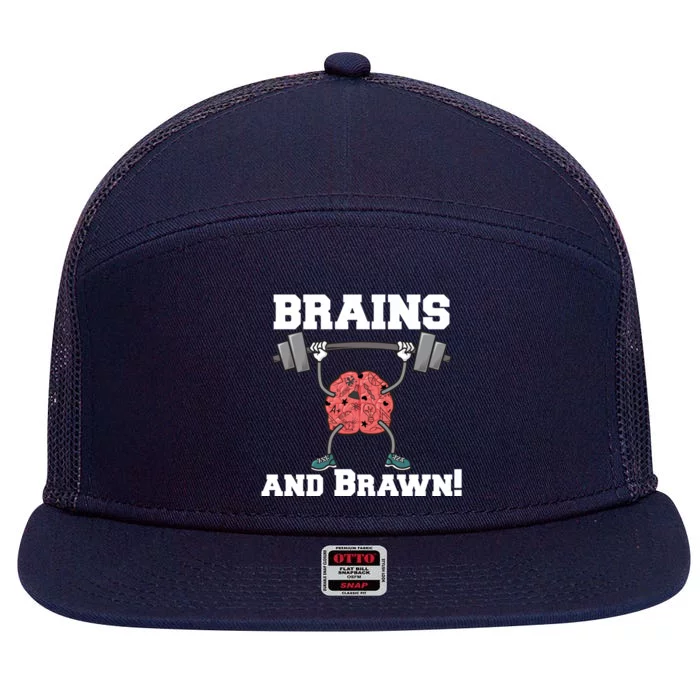 Men Gym Workout Brains And Brawn! Meaningful Gift 7 Panel Mesh Trucker Snapback Hat