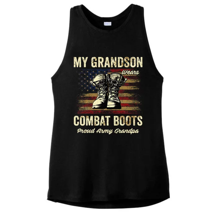 My Grandson Wears Combat Boots Proud Army Grandpa Veteran Ladies Tri-Blend Wicking Tank