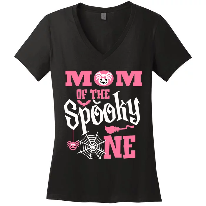 Mom Halloween 1st Birthday Matching Family Spooky One Girl Women's V-Neck T-Shirt