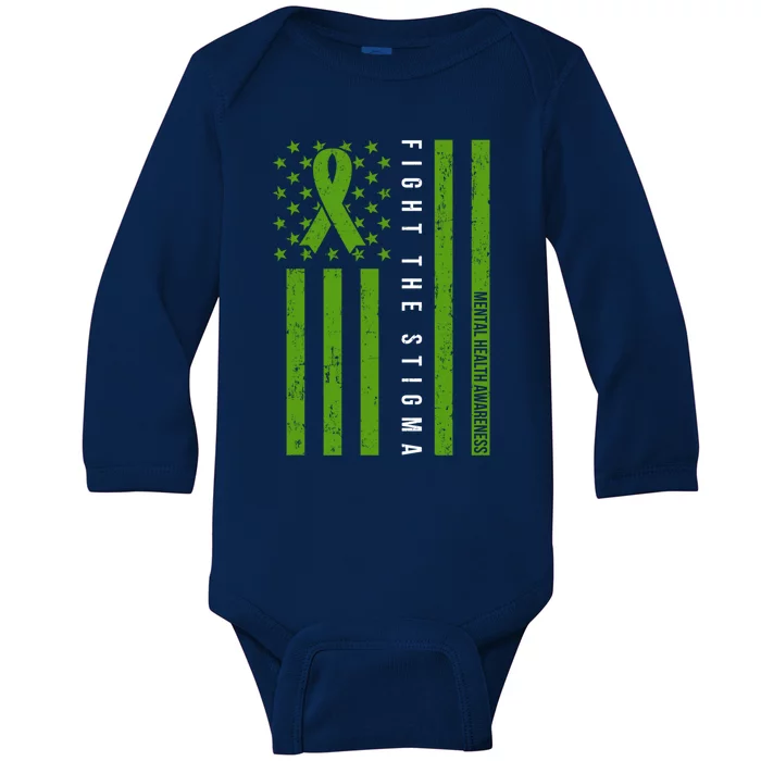 Mental Health Awareness Green Ribbon Support Love Usa Flag Cute Gift Baby Long Sleeve Bodysuit