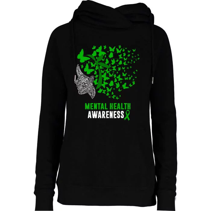 Mental Health Awareness Butterflies Green Ribbon Womens Funnel Neck Pullover Hood