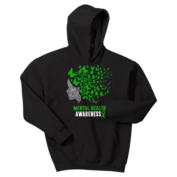 Mental Health Awareness Butterflies Green Ribbon Kids Hoodie