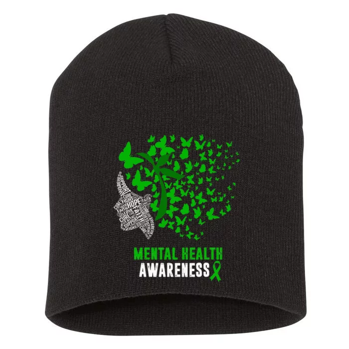 Mental Health Awareness Butterflies Green Ribbon Short Acrylic Beanie