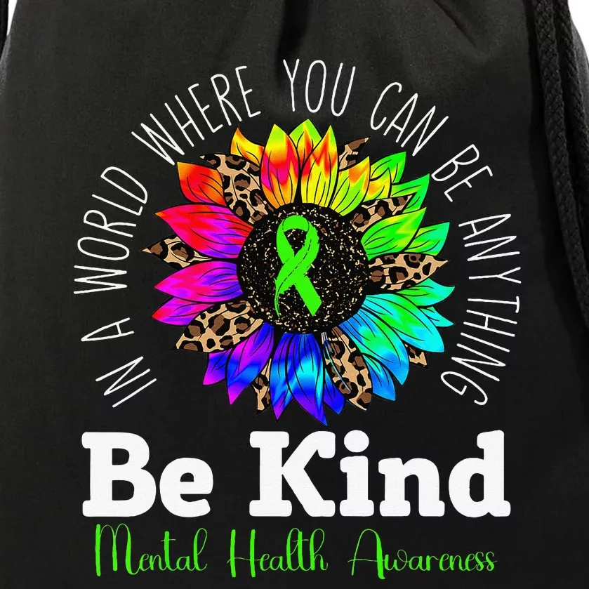 Mental Health Awareness Be Kind Green Ribbon Sunflower Drawstring Bag