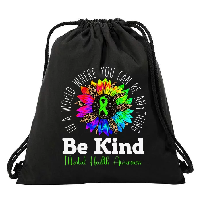 Mental Health Awareness Be Kind Green Ribbon Sunflower Drawstring Bag