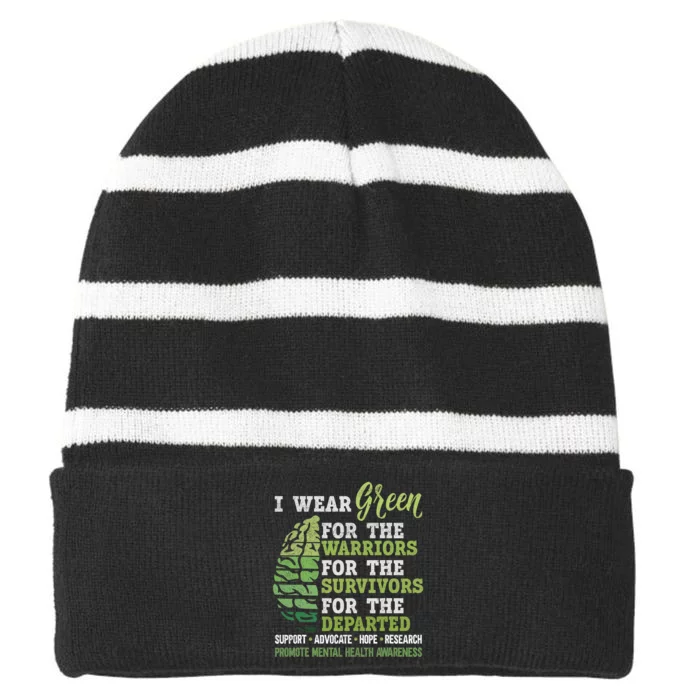 Mental Health Awareness Matters Support I Wear Green Warrior Striped Beanie with Solid Band