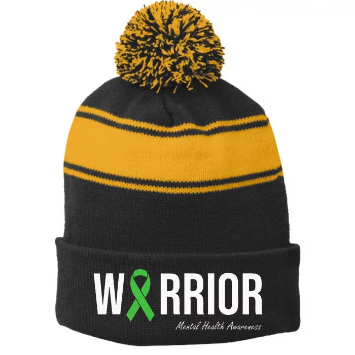 Mental Health Awareness Green Ribbon Stripe Pom Pom Beanie