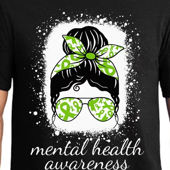 Mental Health Awareness Messy Bun Green Ribbons May Womens Pajama Set