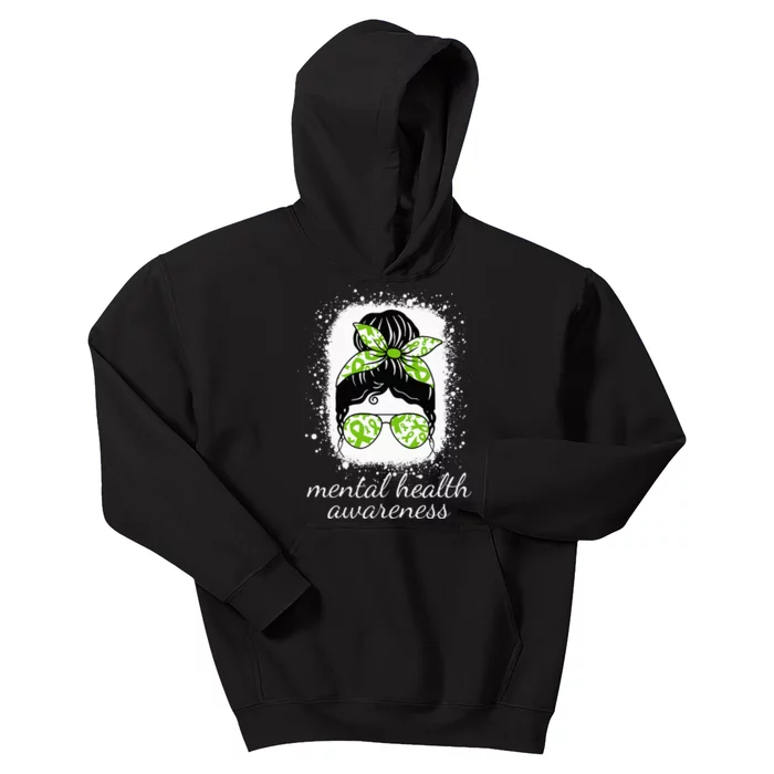 Mental Health Awareness Messy Bun Green Ribbons May Womens Kids Hoodie