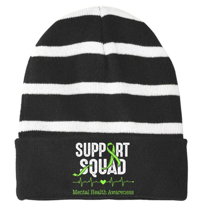 Mental Health Awareness Support Squad Green Ribbon Striped Beanie with Solid Band