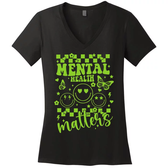 Mental Health Awareness Heart Wear Green For Mental Health Women's V-Neck T-Shirt