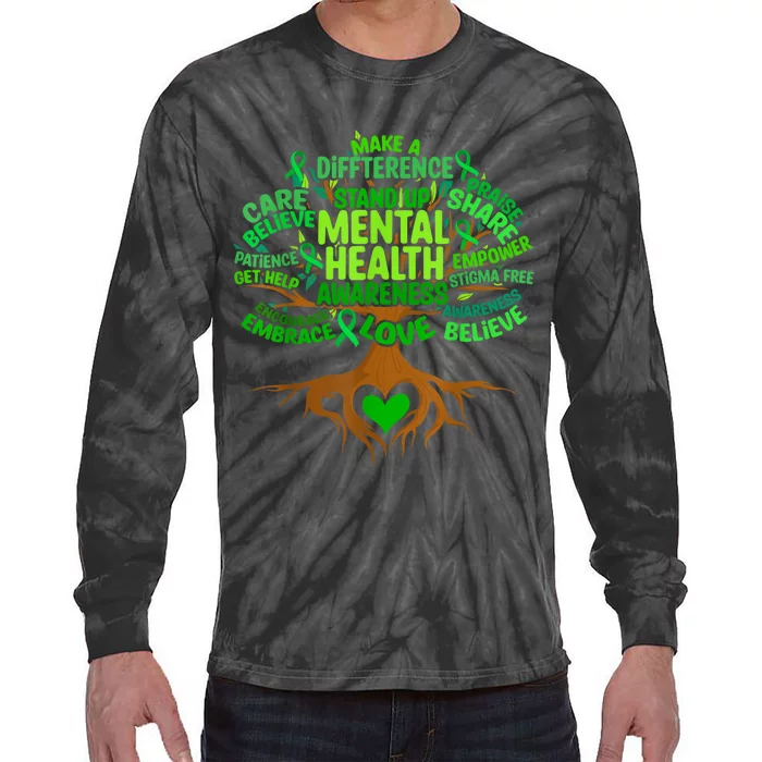 Mental Health Awareness Tree Grreen Ribbon Tie-Dye Long Sleeve Shirt