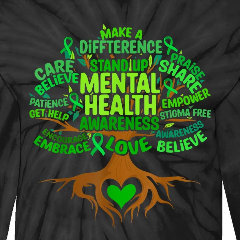 Mental Health Awareness Tree Grreen Ribbon Tie-Dye Long Sleeve Shirt