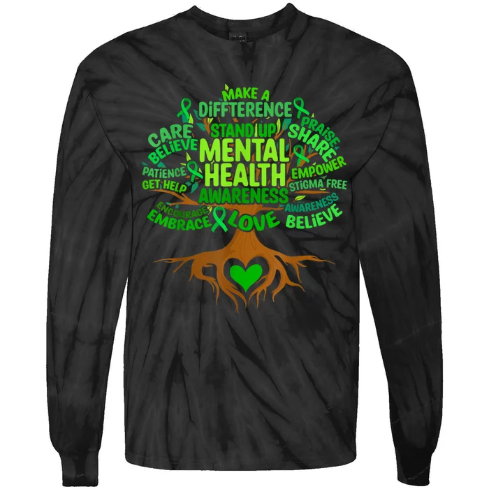 Mental Health Awareness Tree Grreen Ribbon Tie-Dye Long Sleeve Shirt