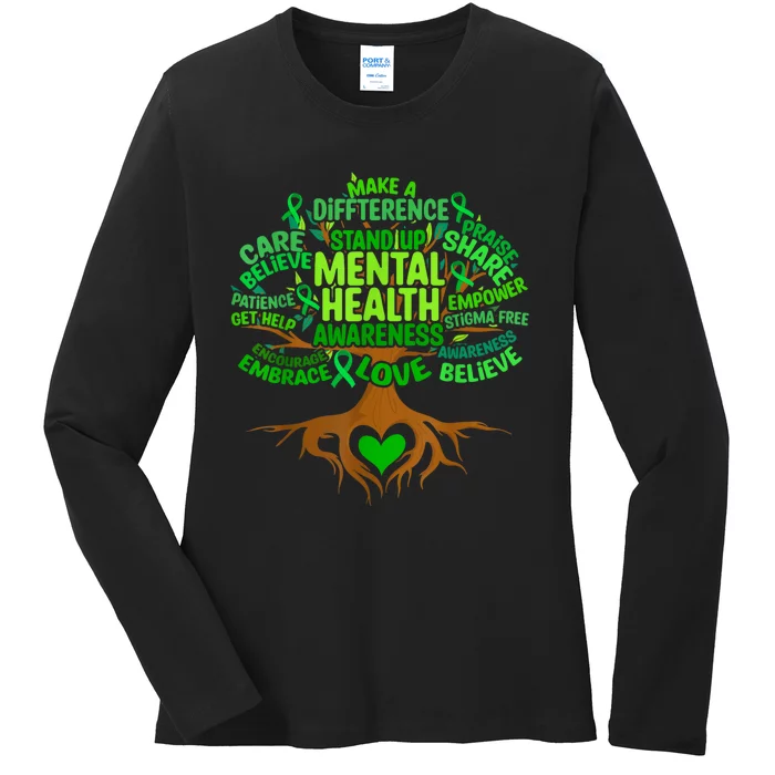 Mental Health Awareness Tree Grreen Ribbon Ladies Long Sleeve Shirt