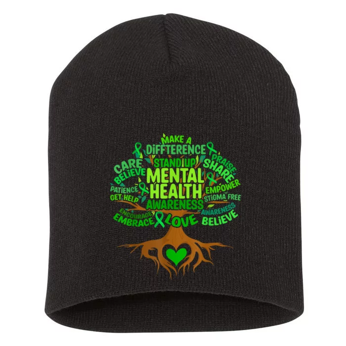 Mental Health Awareness Tree Grreen Ribbon Short Acrylic Beanie