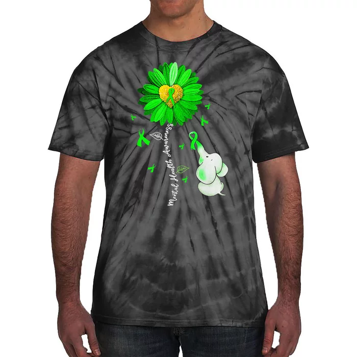 Mental Health Awareness Sunflower Green Ribbon Elephant Tie-Dye T-Shirt