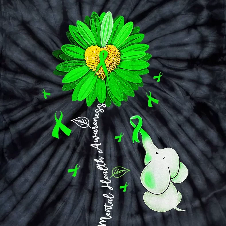 Mental Health Awareness Sunflower Green Ribbon Elephant Tie-Dye T-Shirt