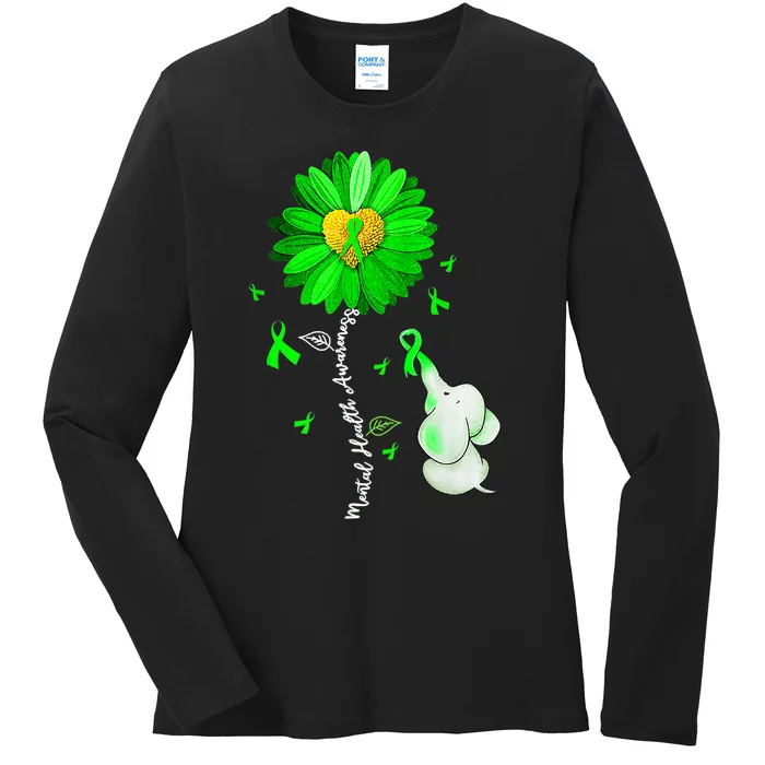 Mental Health Awareness Sunflower Green Ribbon Elephant Ladies Long Sleeve Shirt