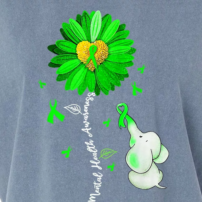 Mental Health Awareness Sunflower Green Ribbon Elephant Garment-Dyed Women's Muscle Tee