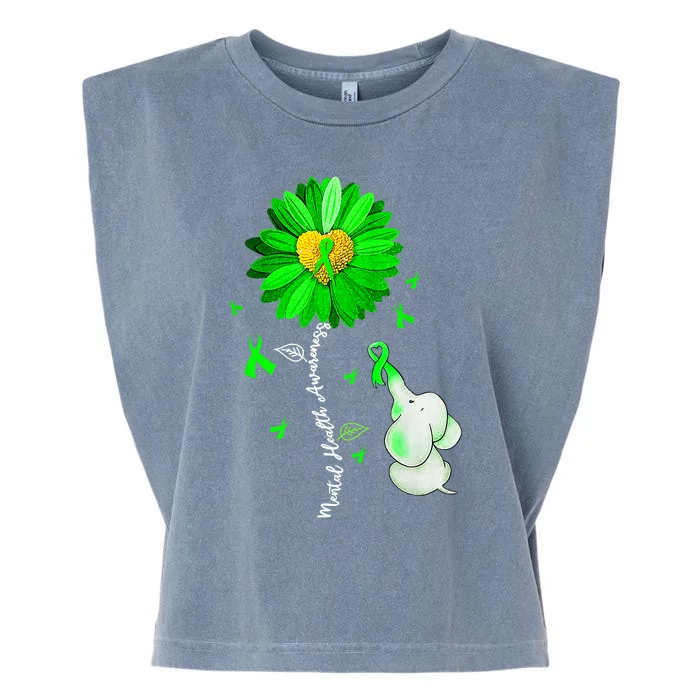 Mental Health Awareness Sunflower Green Ribbon Elephant Garment-Dyed Women's Muscle Tee