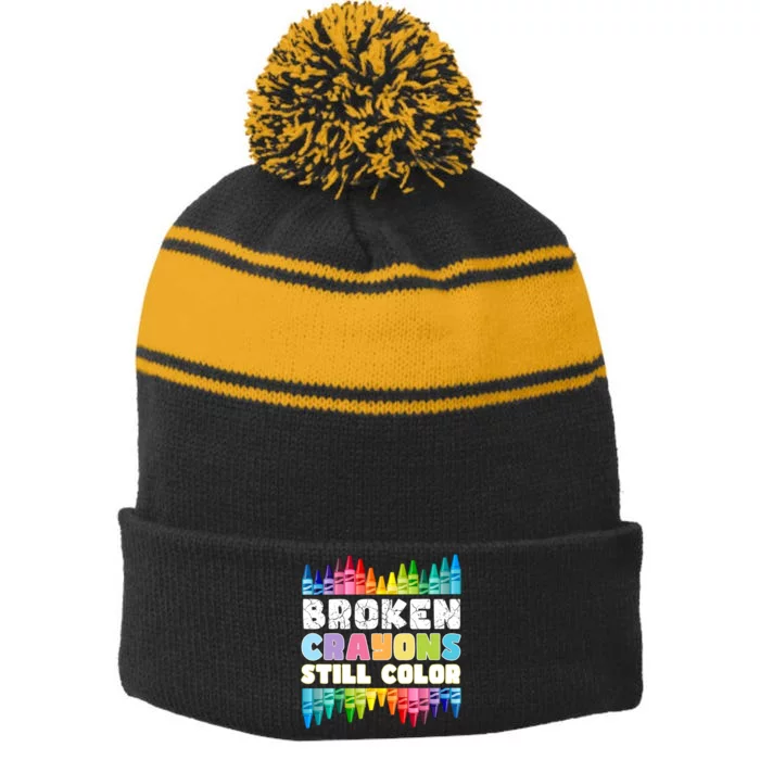 Mental Health Awareness Supporter Broken Crayons Still Color Stripe Pom Pom Beanie