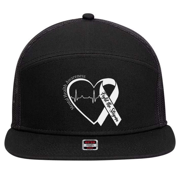 Mental Health Awareness Heart Fight The Stigma Green Ribbon 7 Panel Mesh Trucker Snapback Hat