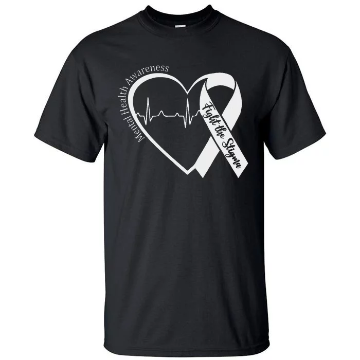 Mental Health Awareness Heart Fight The Stigma Green Ribbon Tall T-Shirt