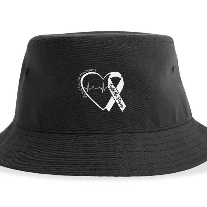 Mental Health Awareness Heart Fight The Stigma Green Ribbon Sustainable Bucket Hat