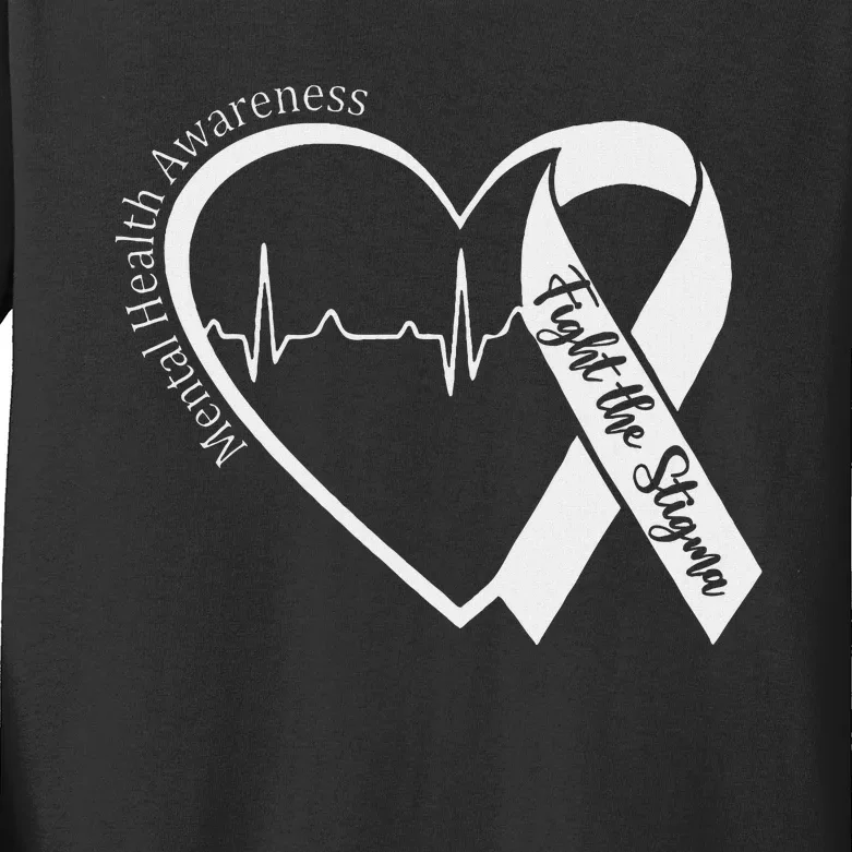 Mental Health Awareness Heart Fight The Stigma Green Ribbon Kids Long Sleeve Shirt