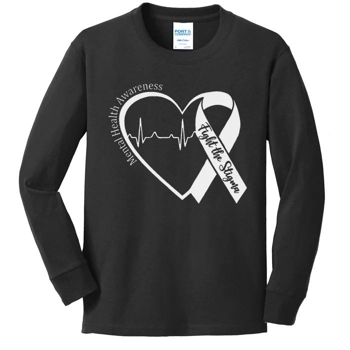 Mental Health Awareness Heart Fight The Stigma Green Ribbon Kids Long Sleeve Shirt