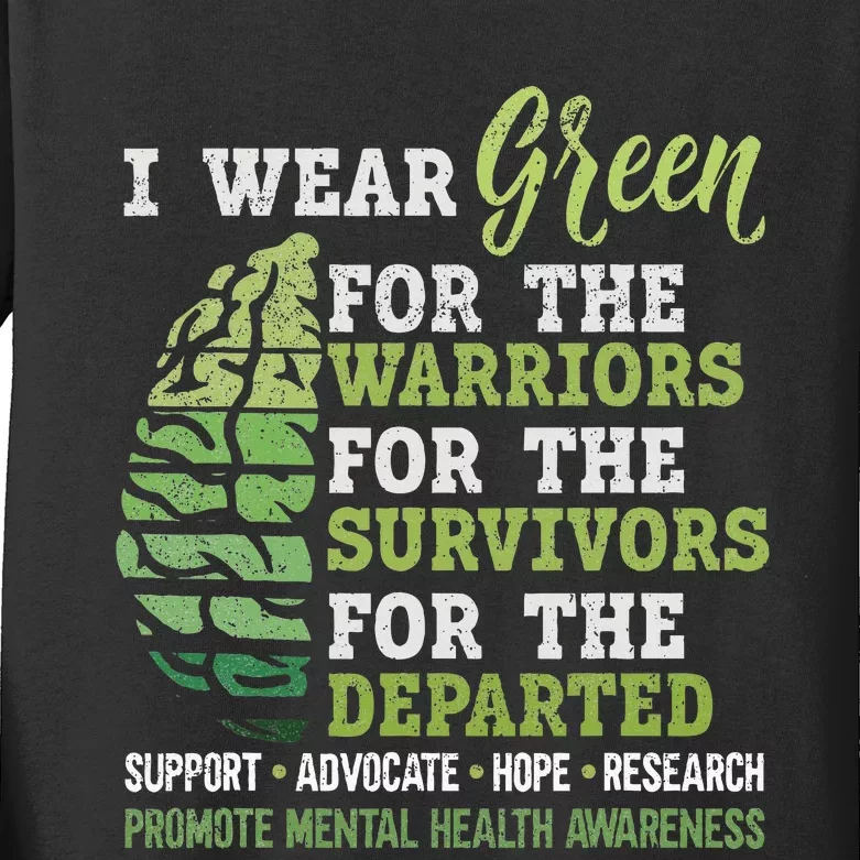 Mental Health Awareness Matters Support I Wear Green Warrior Kids Long Sleeve Shirt