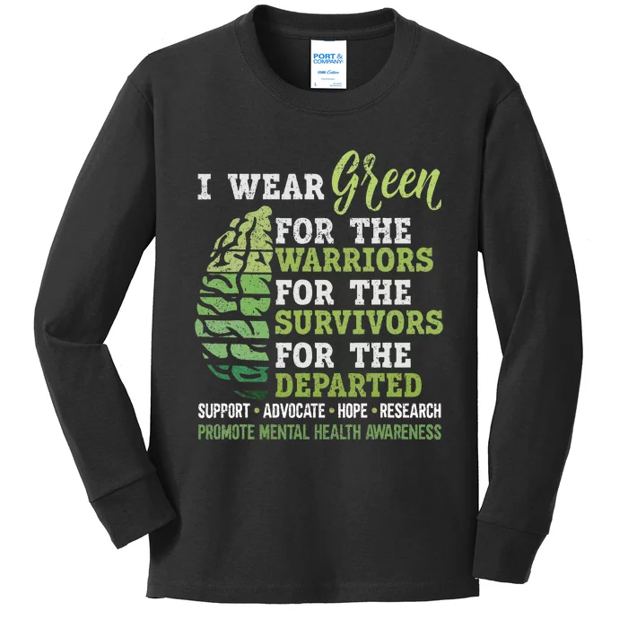 Mental Health Awareness Matters Support I Wear Green Warrior Kids Long Sleeve Shirt