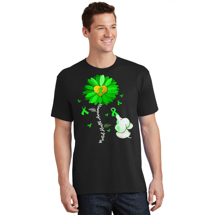 Mental Health Awareness Green Sunflower Ribbon Elephant T-Shirt