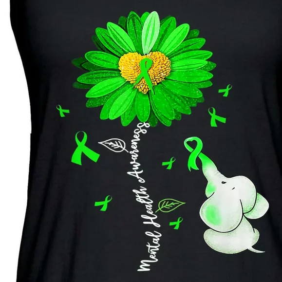 Mental Health Awareness Green Sunflower Ribbon Elephant Ladies Essential Flowy Tank